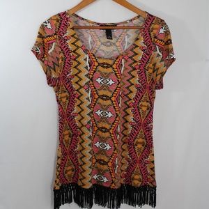 I.N.C. Pink & Orange Fringe Aztec Print Top